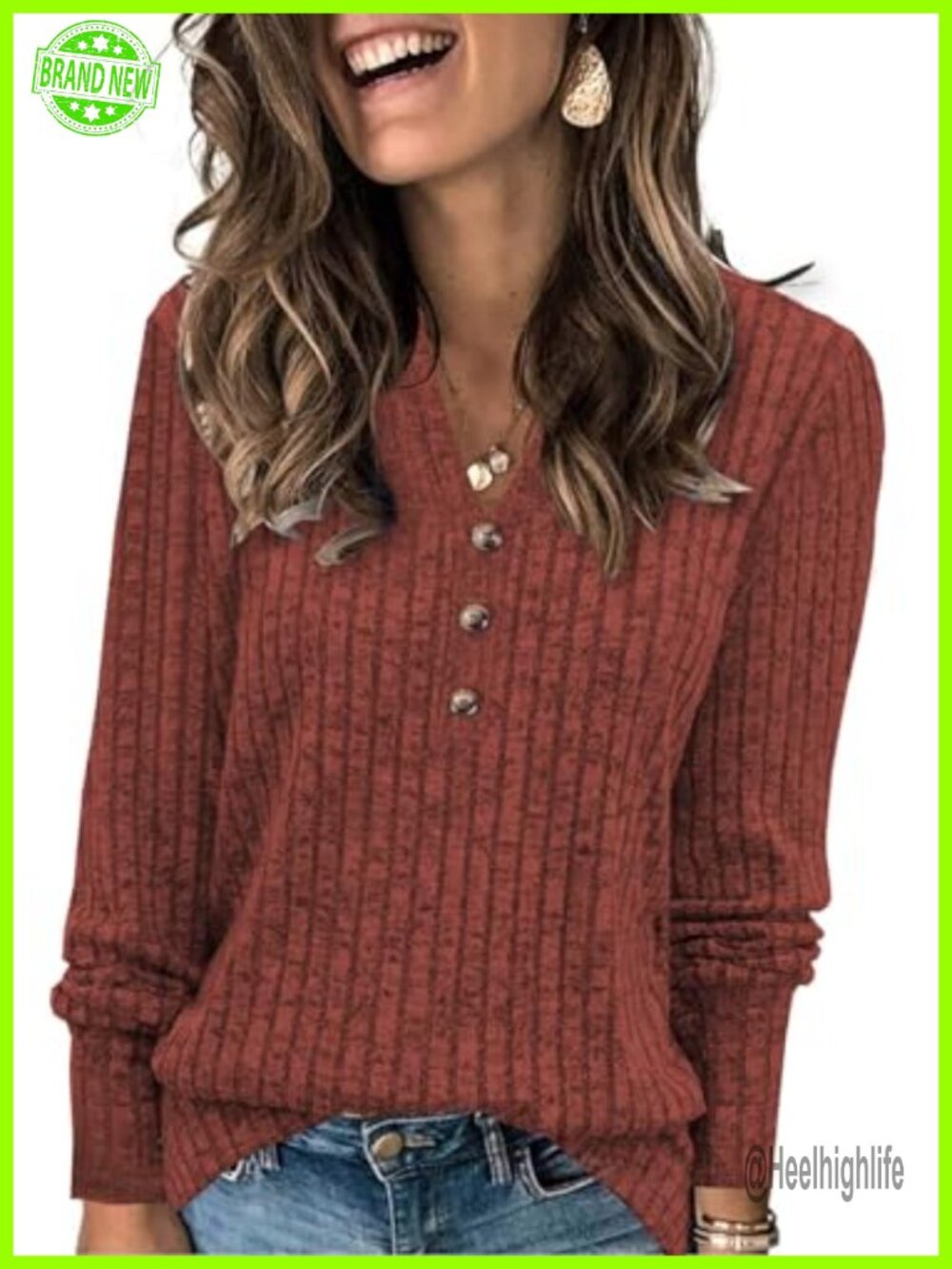 Womens Henley Neck Long Sleeve Knit Pullover Sweater Fall Layering Top